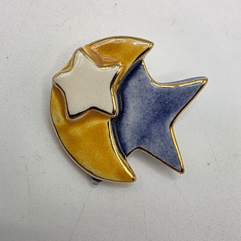 Vintage Ceramic Celestial Moon and Stars Brooch Yellow Blue Enamel Pin Whimsical